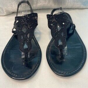 Candies Black Beaded Strappy Glam Sandals Flats Shimmer Cut Outs SZ 9.5